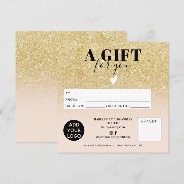 Chic gold glitter blush pink gift certificate logo (Front/Back)