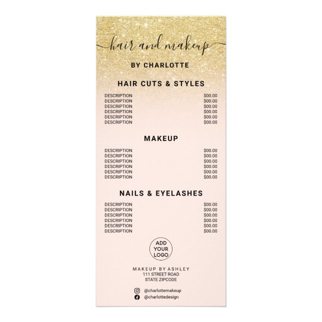 Chic gold glitter calligraphy hair makeup price rack card (Front)