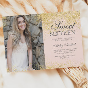 Chic gold glitter chic blush pink photo Sweet 16 Invitation