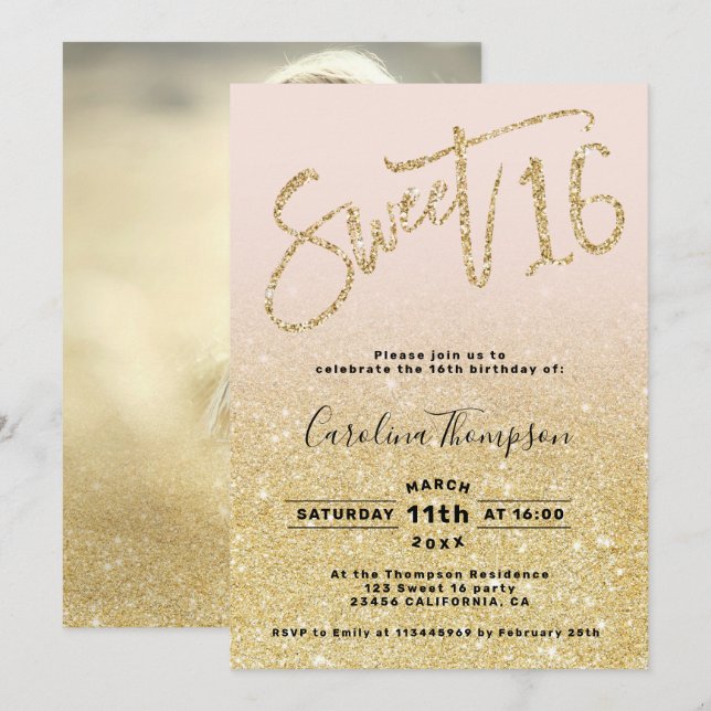 Chic gold glitter chic script blush Sweet 16 photo Invitation (Front/Back)