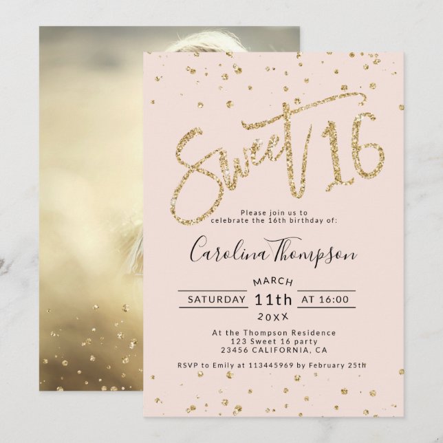 Chic gold glitter confetti blush Sweet 16 photo Invitation (Front/Back)