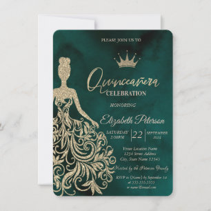 Chic Gold Glitter Dress,Diamonds Green Sweet 15 Invitation