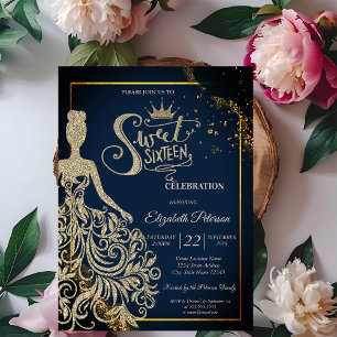 Chic Gold Glitter Dress,Tiara Navy Blue Sweet 16 Invitation