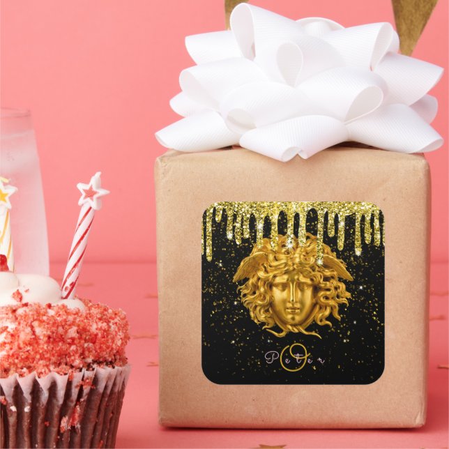 Chic Gold Glitter Drip Medusa Script Haute Couture Square Sticker (Party)