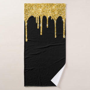 Chic Gold Glitter Drips Sparkle Black Bath Towel Set