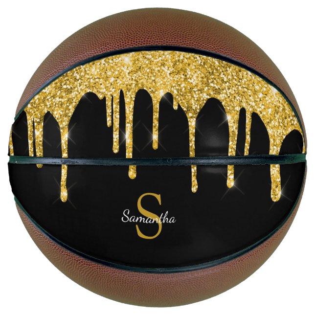 Chic Gold Glitter Drips Sparkle Black Monogram Basketball (Front)