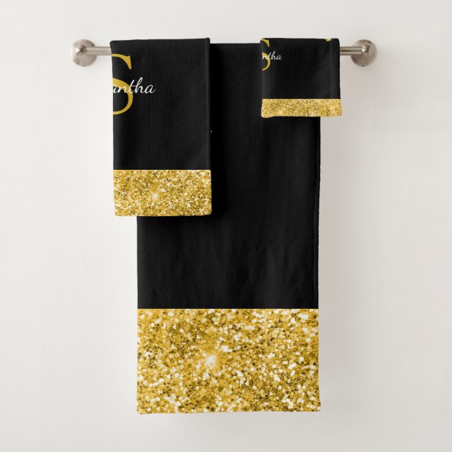 Chic Gold Glitter Drips Sparkle Black Monogram Bath Towel Set (Insitu)