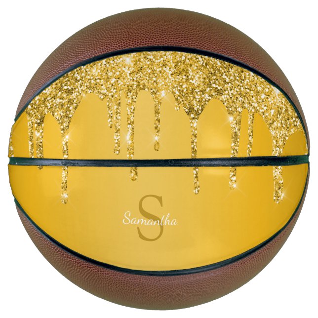 Chic Gold Glitter Drips Sparkle Monogram Name Basketball (Front)