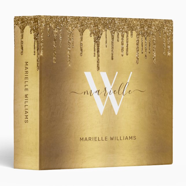 Chic Gold Glitter Drips Sparkles Monogram Name Binder (Front/Spine)