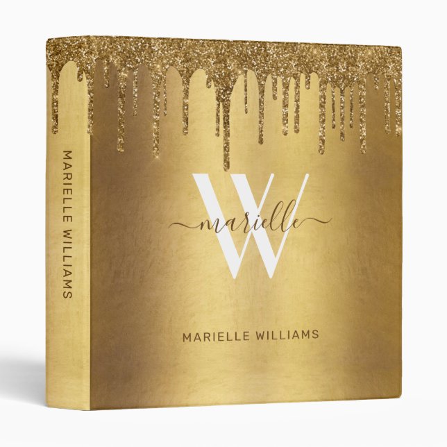 Chic Gold Glitter Drips Sparkles Monogram Name Binder (Front/Spine)
