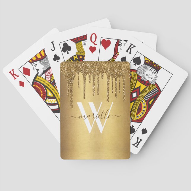 Chic Gold Glitter Drips Sparkles Monogram Name Playing Cards (Back)