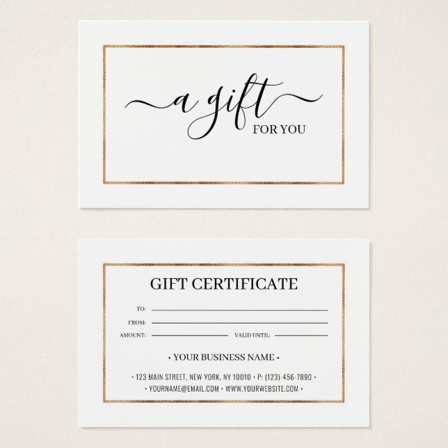 Chic Gold Glitter Frame Gift Certificate Card (Front & Back)