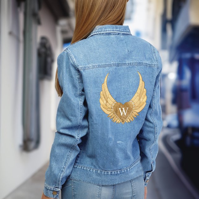 Chic Gold Glitter Gems Custom Monogram Angel Wings Denim Jacket (Chic Gold Glitter Gems Custom Monogram Angel Wings Denim Jacket)