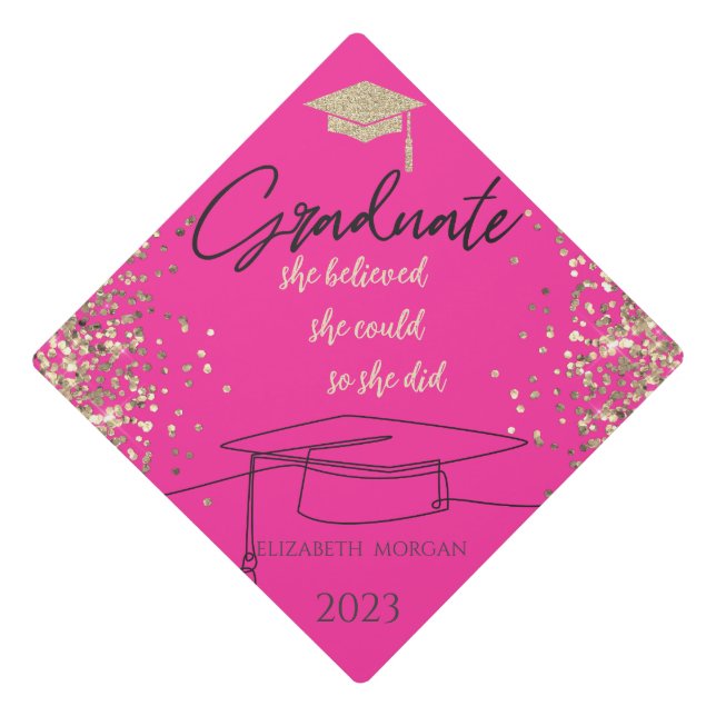 Chic Gold Glitter Graduate Cap,Confetti Pink Graduation Cap Topper (Front)