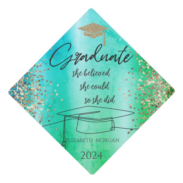 Chic Gold Glitter Graduate Cap,Dots Green Graduation Cap Topper (Front)