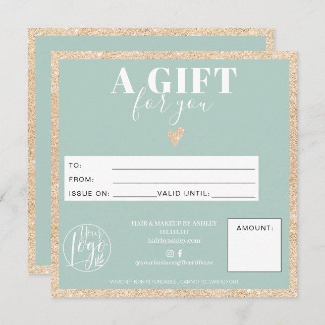 Chic gold glitter green gift certificate logo (Front/Back)