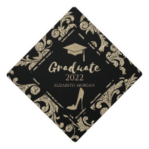 Chic Gold Glitter High Heels,Graduate Cap ,Swirls