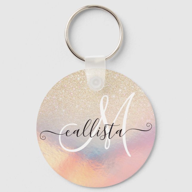 Chic Gold Glitter Iridescent Holographic Gradient Keychain (Front)