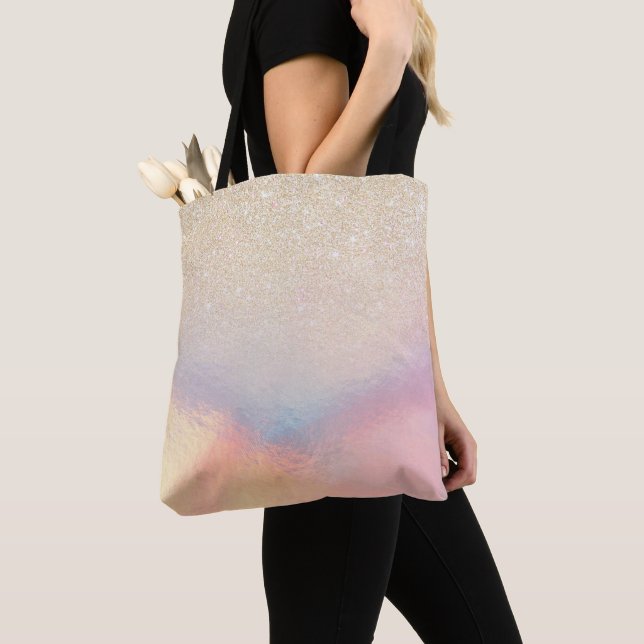 Chic Gold Glitter Iridescent Holographic Gradient Tote Bag (Close Up)