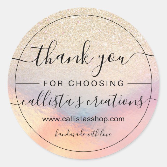 Chic Gold Glitter Iridescent Holographic Thank You Classic Round Sticker (Front)