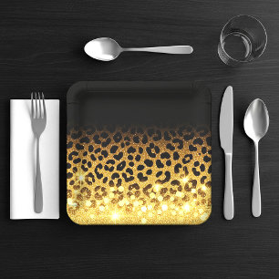 Chic Gold Glitter Leopard Print Pattern Paper Plate