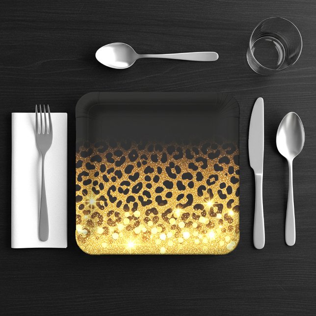 Chic Gold Glitter Leopard Print Pattern Paper Plate (Creator Uploaded)