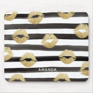 Chic Gold Glitter Lips & Black Stripes Monogram Mouse Pad