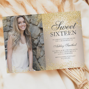 Chic gold glitter metallic photo Sweet 16 Invitation