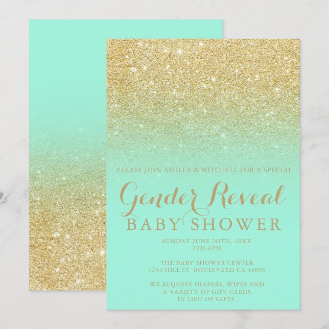 Chic gold glitter mint modern gender reveal baby invitation (Front/Back)