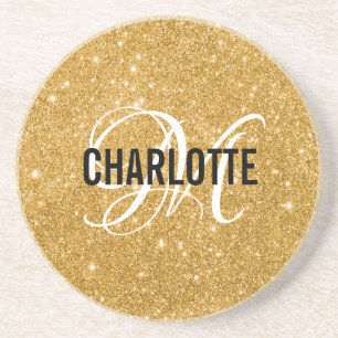 Chic gold glitter monogram name coaster