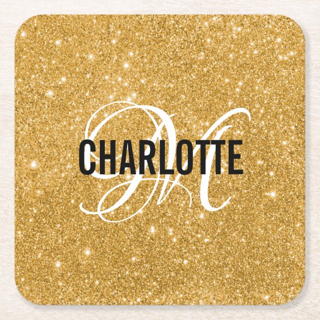 Chic gold glitter monogram name square paper coaster (Front)