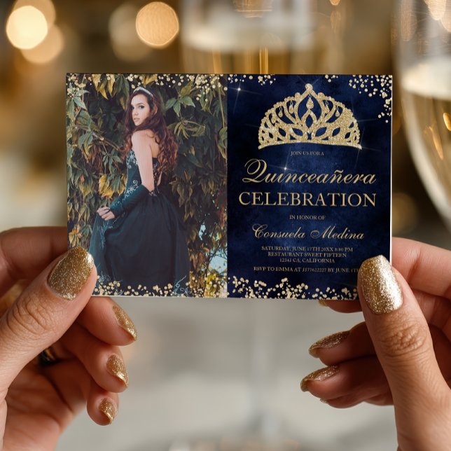 Chic gold glitter navy photo tiara Quinceañera Invitation (Chic gold glitter navy photo tiara Quinceañera Invitation)