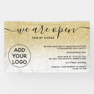 Chic gold glitter ombre logo marble We're open Banner