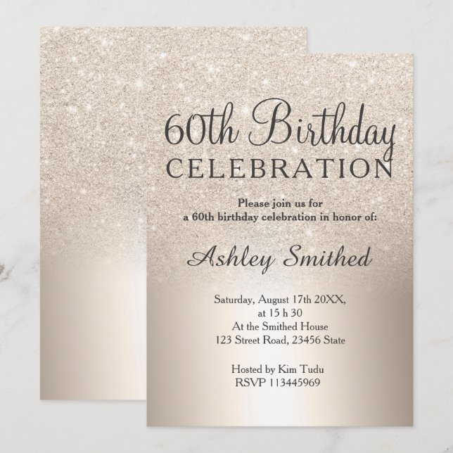 chic gold glitter ombre metallic 60th birthday invitation (Front/Back)