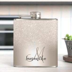 Chic gold glitter ombre metallic foil monogram hip flask