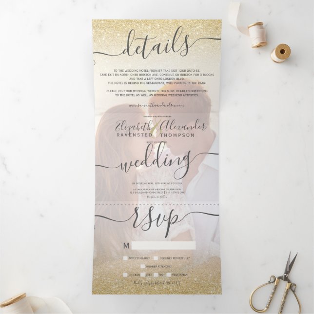 Chic gold glitter ombre white script photo wedding Tri-Fold invitation (Inside)