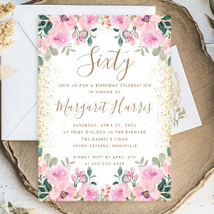 Chic Gold Glitter Pink Floral 60th Sixty Birthday Invitation