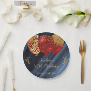 Chic Gold & Glitter Red Balloons Birthday Paper Plate
