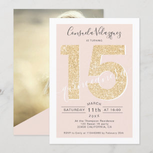 Chic gold glitter script blush quinceanera photo invitation