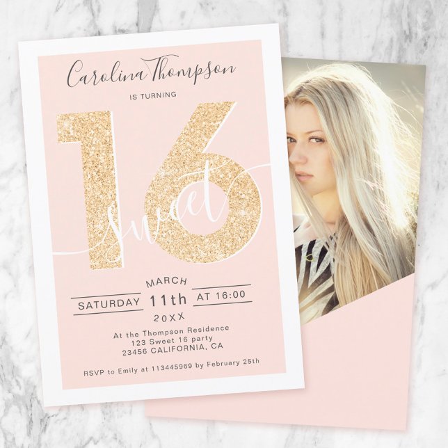 Chic gold glitter script blush Sweet 16 photo Invitation (Creator Uploaded)