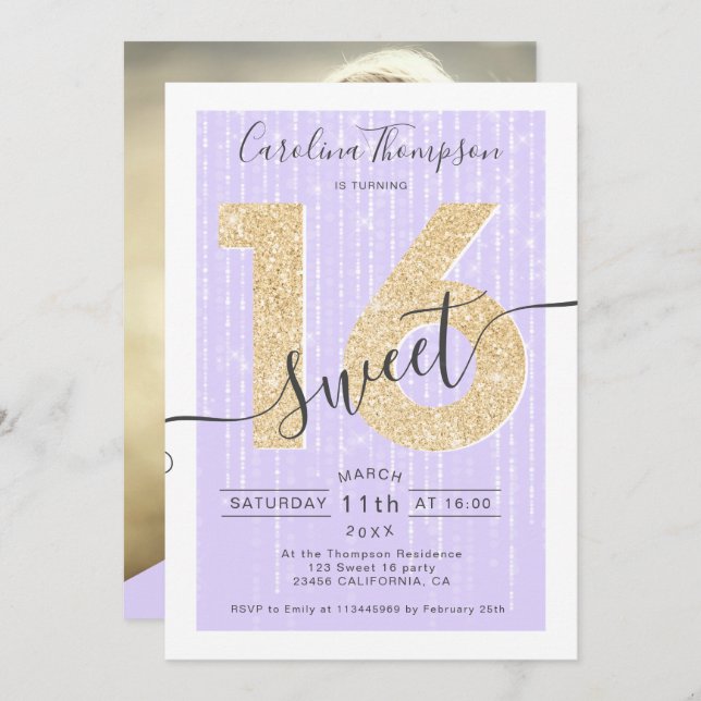 Chic gold glitter script lavender Sweet 16 photo Invitation (Front/Back)