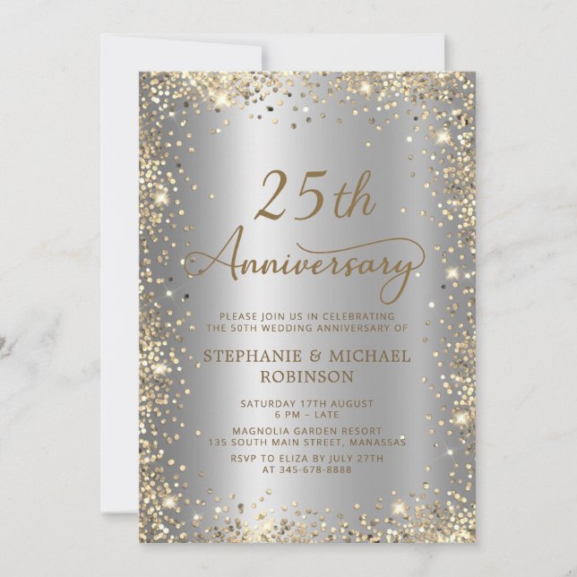 Chic Gold Glitter Silver 25th Wedding Anniversary Invitation (Front)