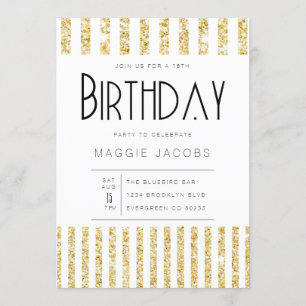 Chic Gold Glitter Stripes Birthday Party Invitation