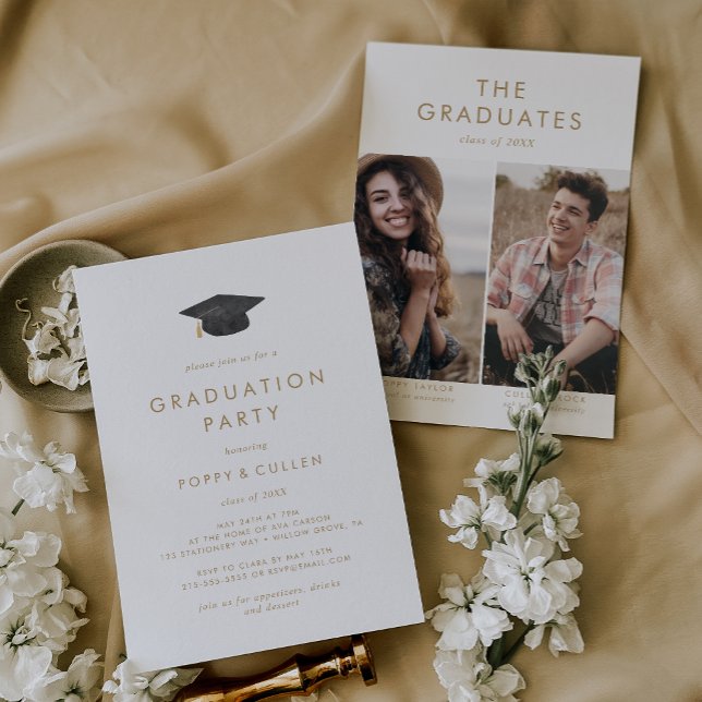 Chic Gold Grad Cap Photo Double Graduation Party Invitation (Creator Uploaded)