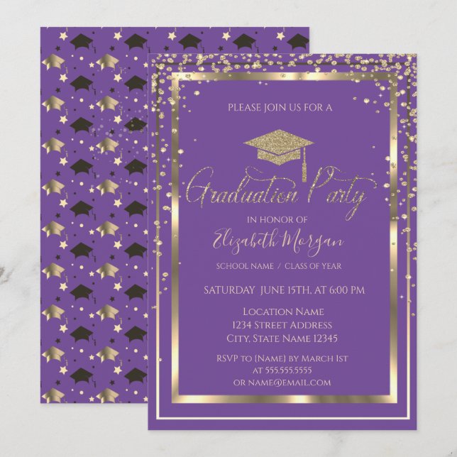 Chic Gold Graduation Cap Violet Graduation  Invitation (Front/Back)
