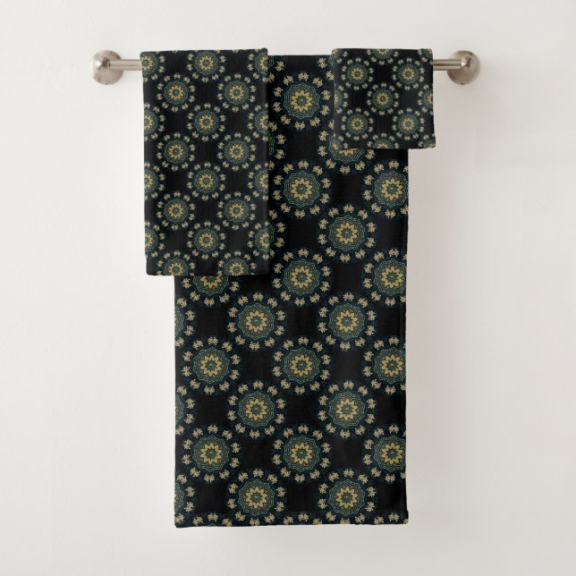 Chic Gold & Green Asian Style Pattern Bath Towel Set (Insitu)