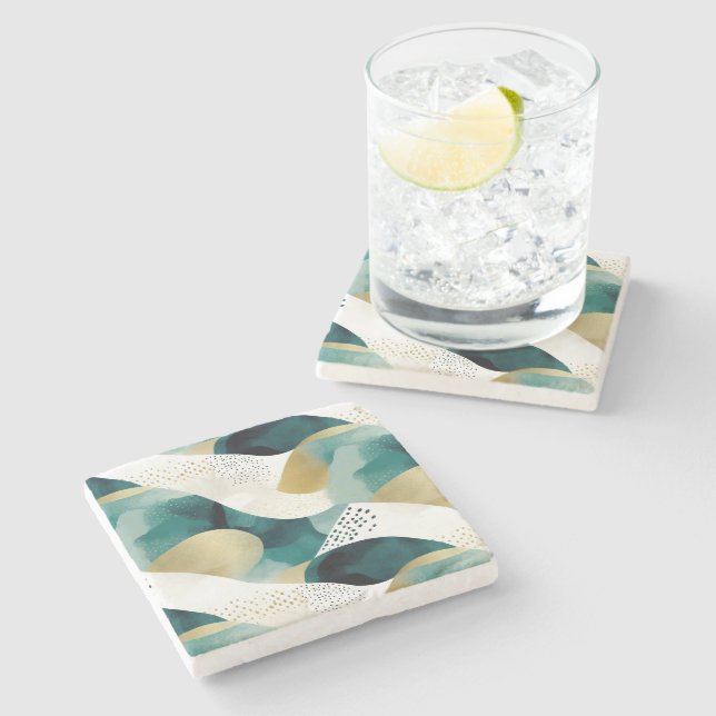 Chic Gold Green White Abstract Stone Coaster (Side)