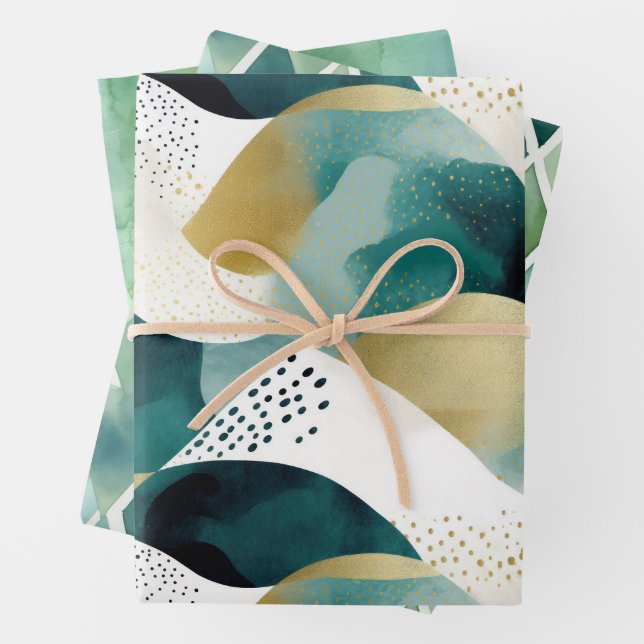 Chic Gold Green White Abstract Wrapping Paper Sheet (In situ)