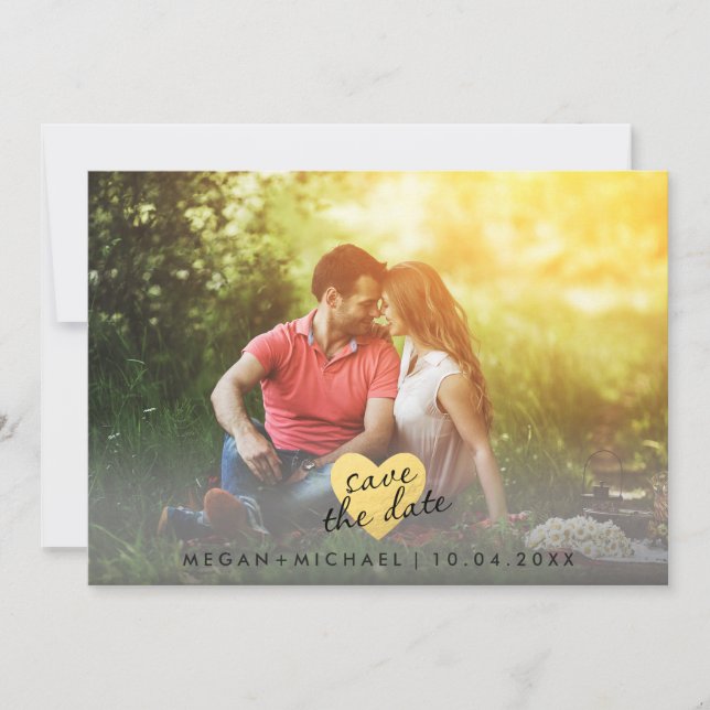 Chic Gold Heart Enregistrer le Carte photo de date (Devant)
