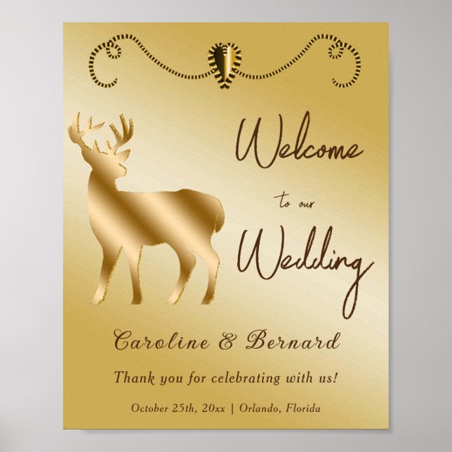 Chic Gold Heart & Gold Glitter Deer Welcome Sign (Front)